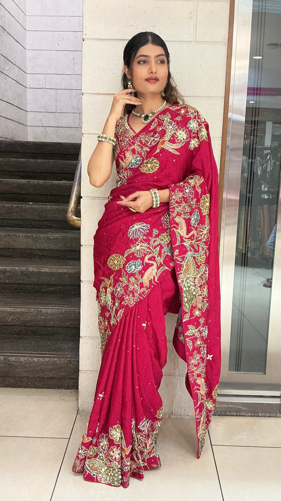 Wine Red Heavy Floral Embroidered Designer Saree with Zari & Sequin Work