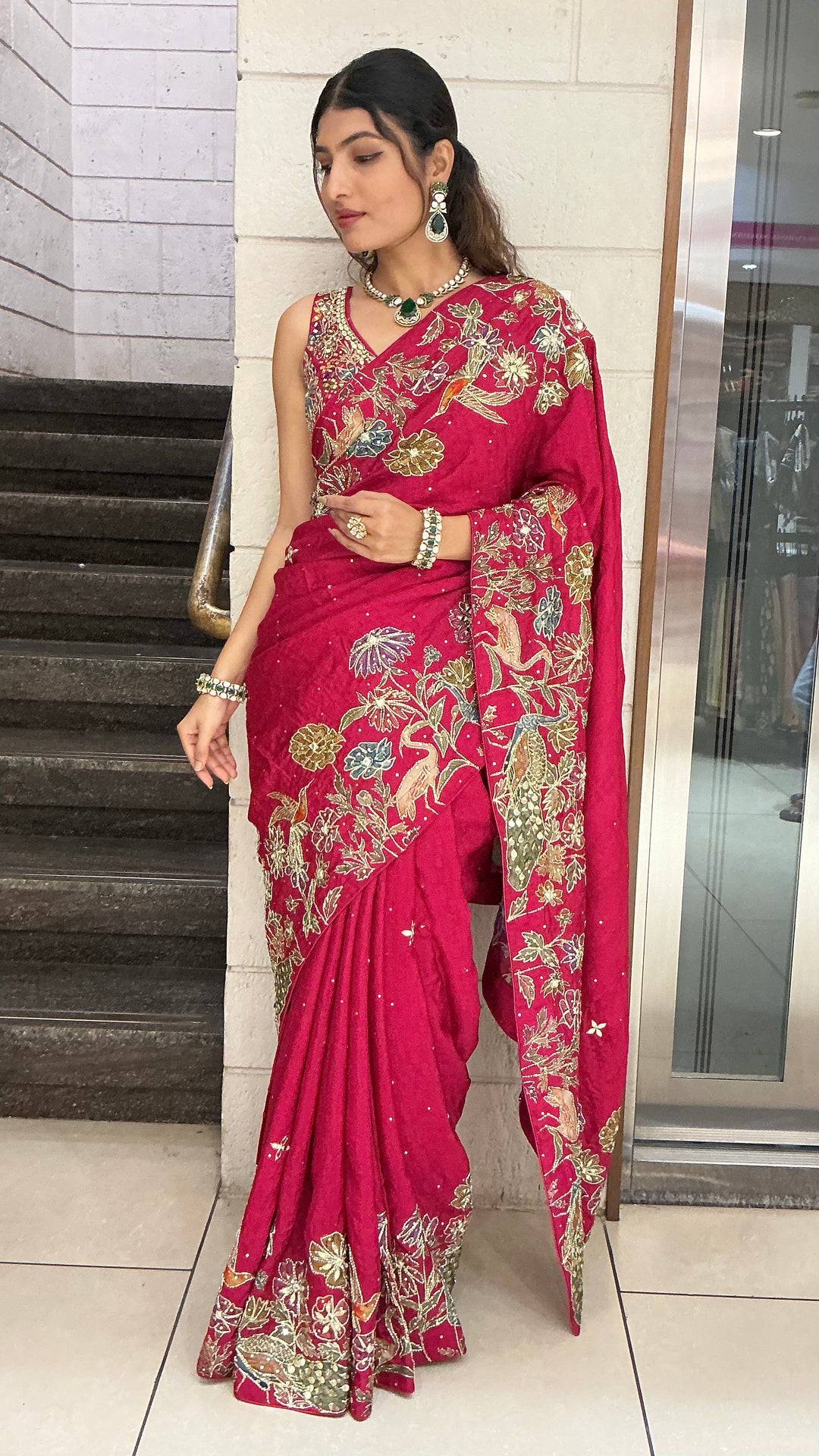 Wine Red Heavy Floral Embroidered Designer Saree with Zari & Sequin Work