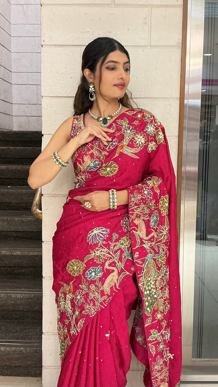 Wine Red Heavy Floral Embroidered Designer Saree with Zari & Sequin Work