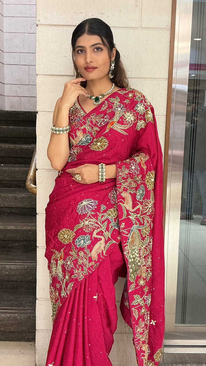 Wine Red Heavy Floral Embroidered Designer Saree with Zari & Sequin Work