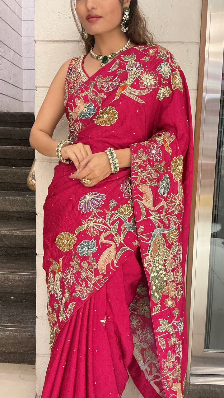 Wine Red Heavy Floral Embroidered Designer Saree with Zari & Sequin Work