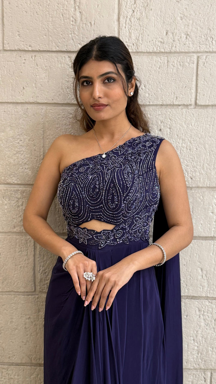 Midnight Blue One-Shoulder Indo-Western Embellished Gown – Elegant Party & Cocktail Wear Dress