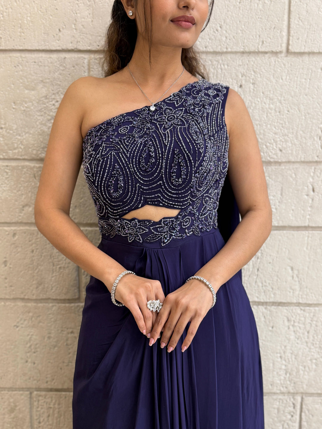 Midnight Blue One-Shoulder Indo-Western Embellished Gown – Elegant Party & Cocktail Wear Dress