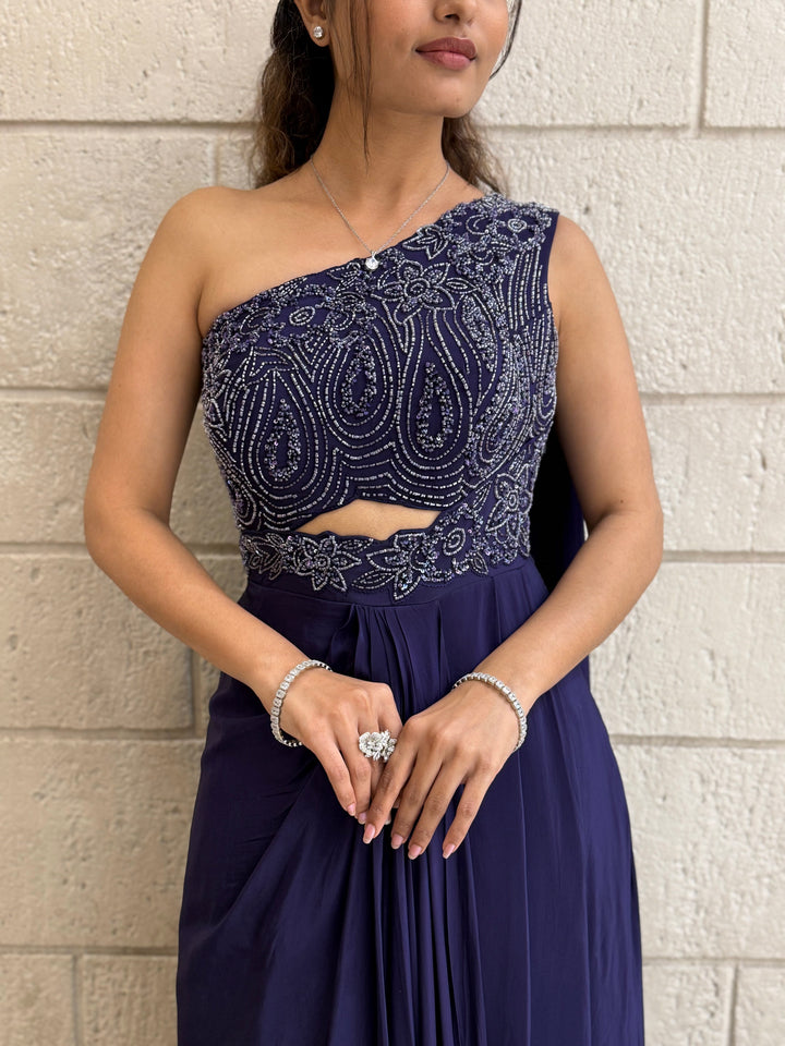 Midnight Blue One-Shoulder Indo-Western Embellished Gown – Elegant Party & Cocktail Wear Dress