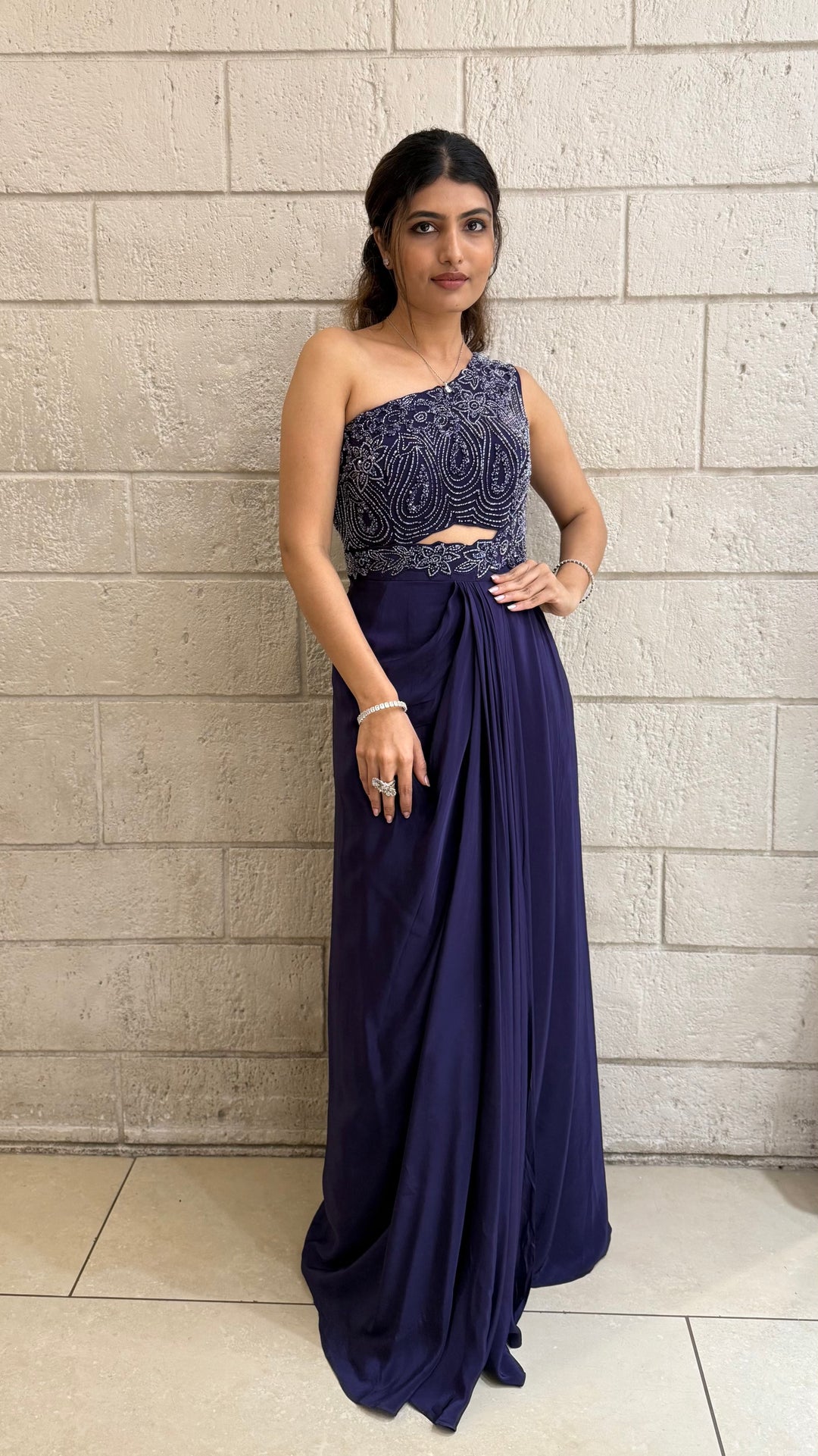 Midnight Blue One-Shoulder Indo-Western Embellished Gown – Elegant Party & Cocktail Wear Dress