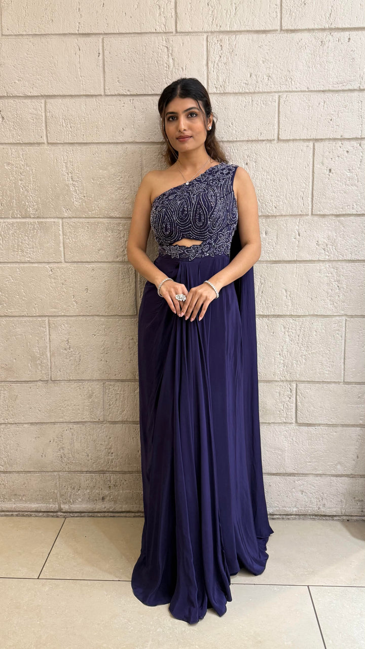 Midnight Blue One-Shoulder Indo-Western Embellished Gown – Elegant Party & Cocktail Wear Dress