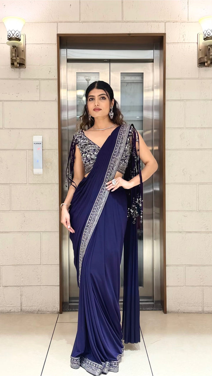 Royal Navy Blue Designer Saree with Sequins Embroidered Blouse & Crystal Border