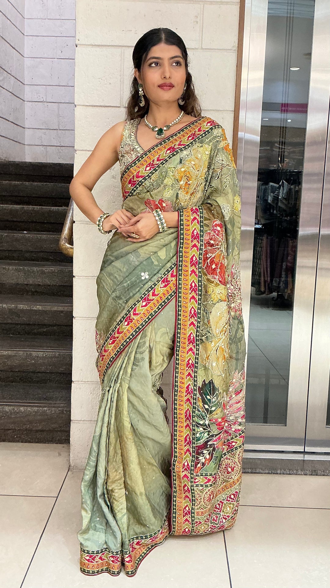 Sage Green Multicolour Floral Printed Designer Saree with Traditional Border