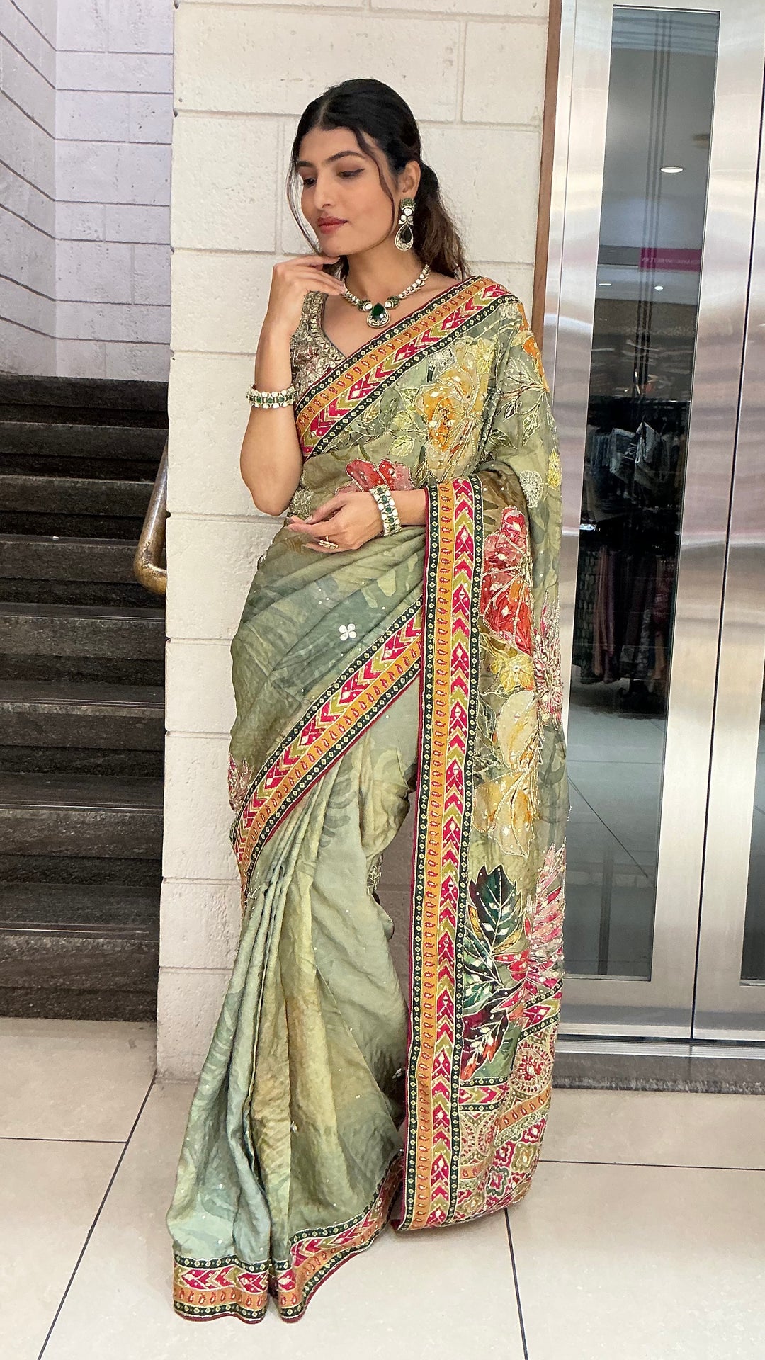 Sage Green Multicolour Floral Printed Designer Saree with Traditional Border