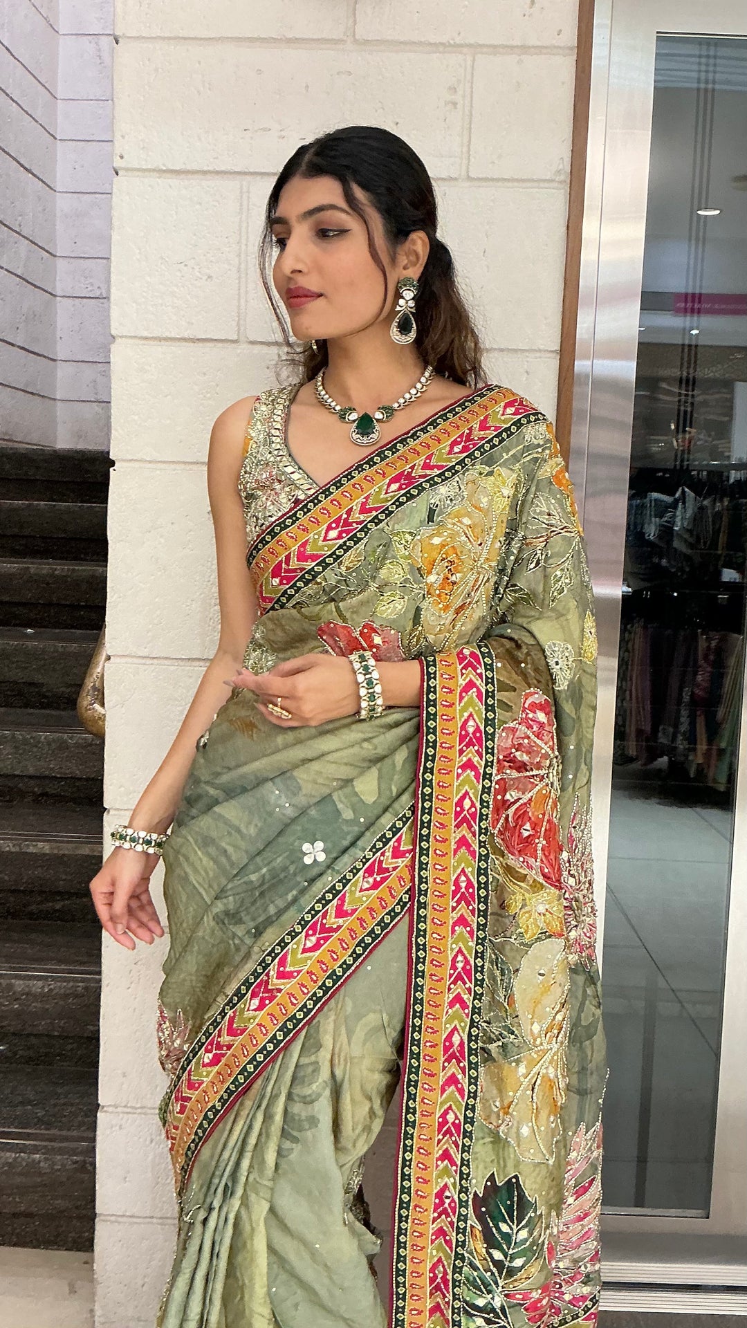 Sage Green Multicolour Floral Printed Designer Saree with Traditional Border