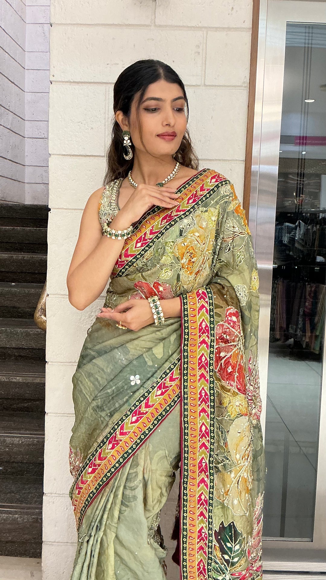 Sage Green Multicolour Floral Printed Designer Saree with Traditional Border