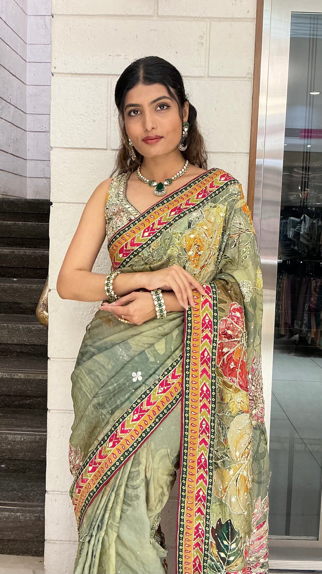 Sage Green Multicolour Floral Printed Designer Saree with Traditional Border