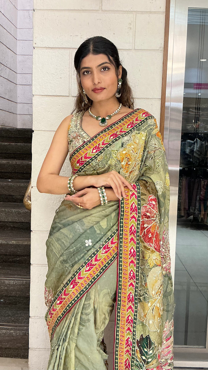Sage Green Multicolour Floral Printed Designer Saree with Traditional Border