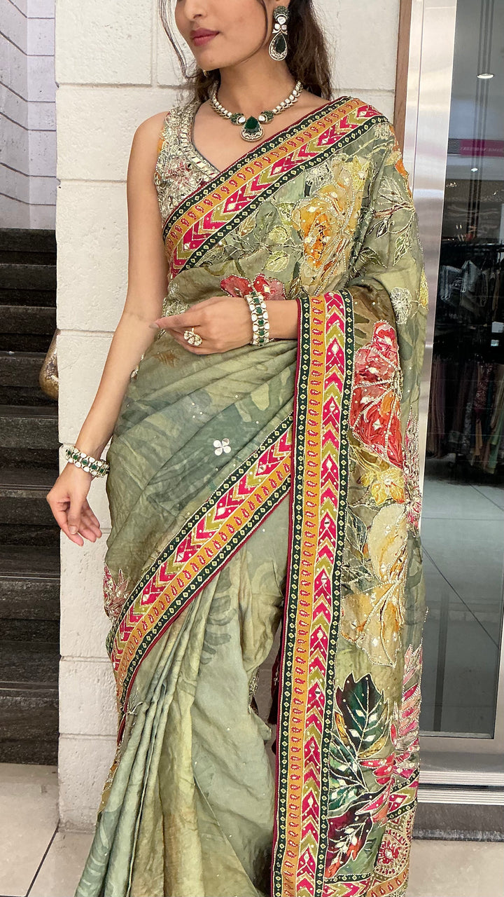 Sage Green Multicolour Floral Printed Designer Saree with Traditional Border