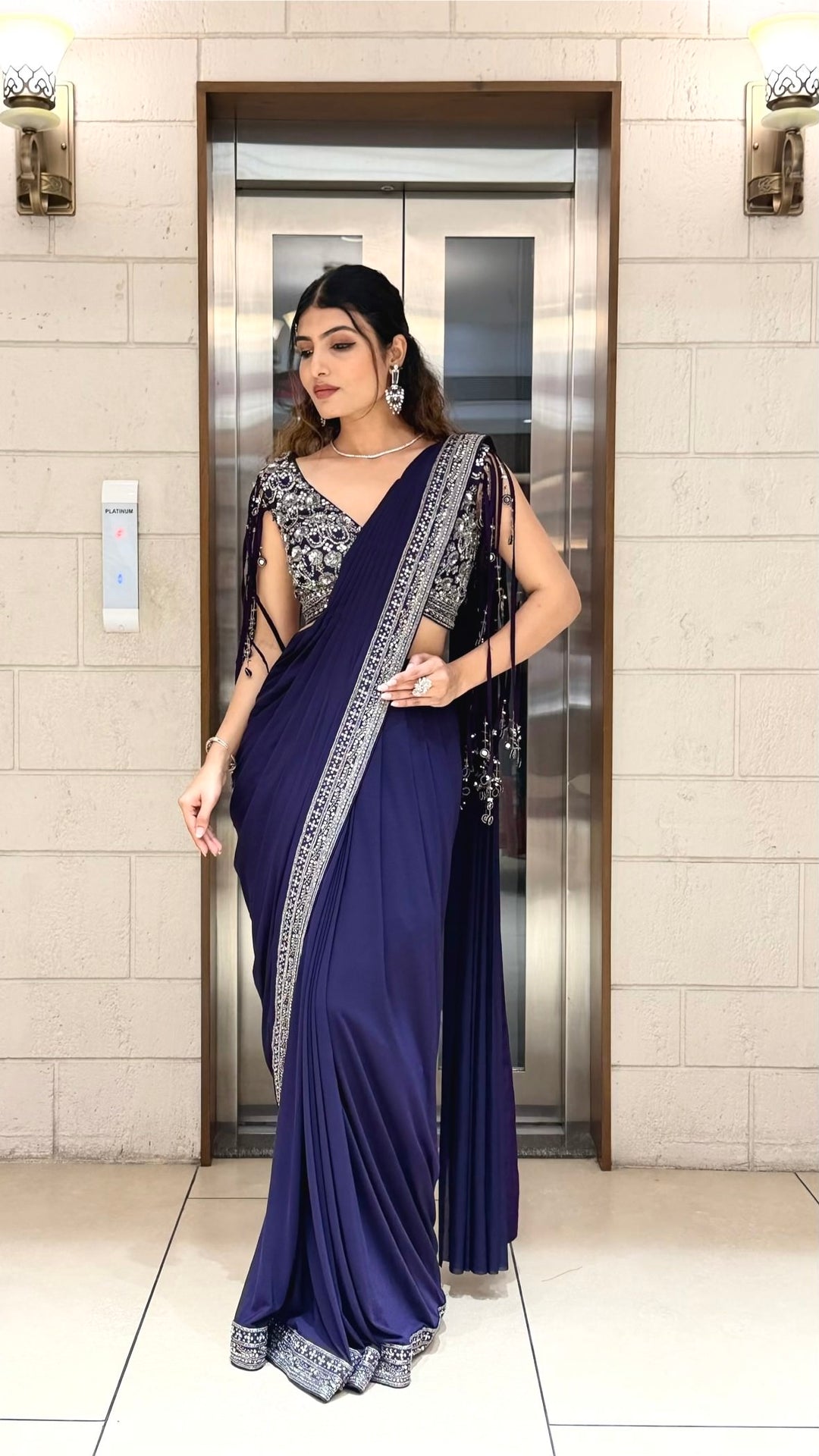 Royal Navy Blue Designer Saree with Sequins Embroidered Blouse & Crystal Border