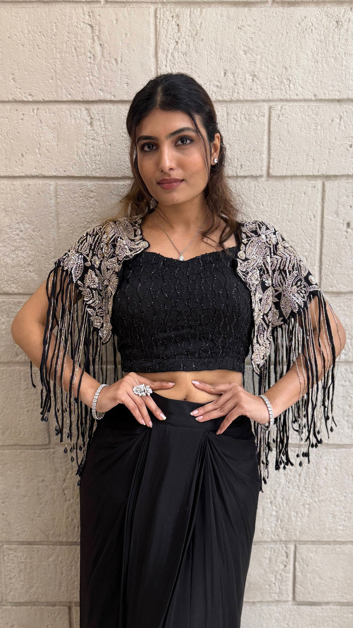 Kapas Shrug with Black Designer Crop Top & Draped Skirt Set