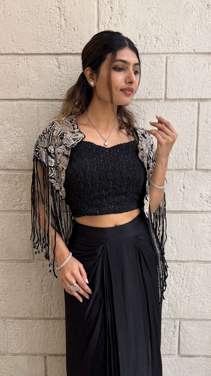 Kapas Shrug with Black Designer Crop Top & Draped Skirt Set