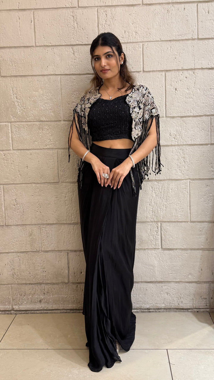 Kapas Shrug with Black Designer Crop Top & Draped Skirt Set