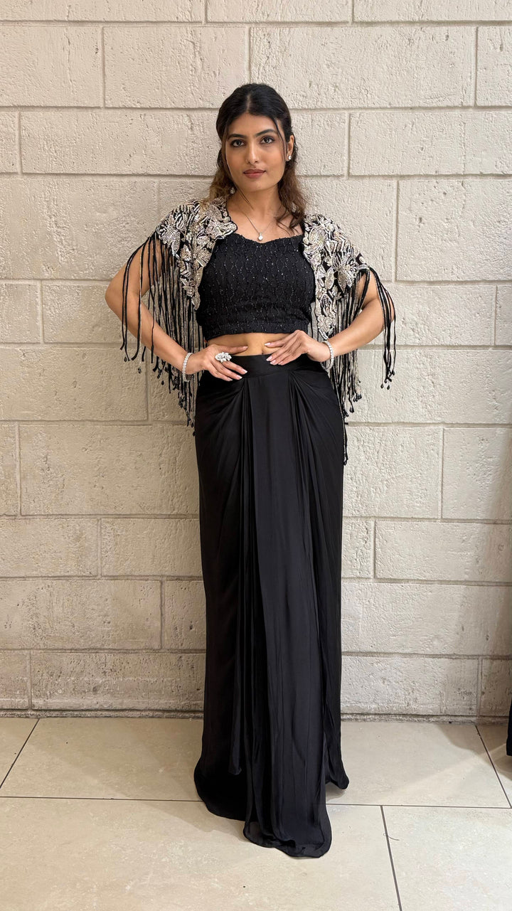 Kapas Shrug with Black Designer Crop Top & Draped Skirt Set