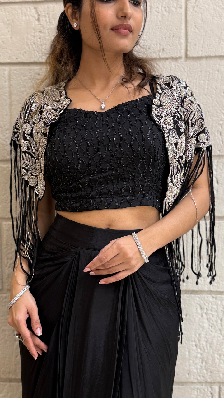 Kapas Shrug with Black Designer Crop Top & Draped Skirt Set