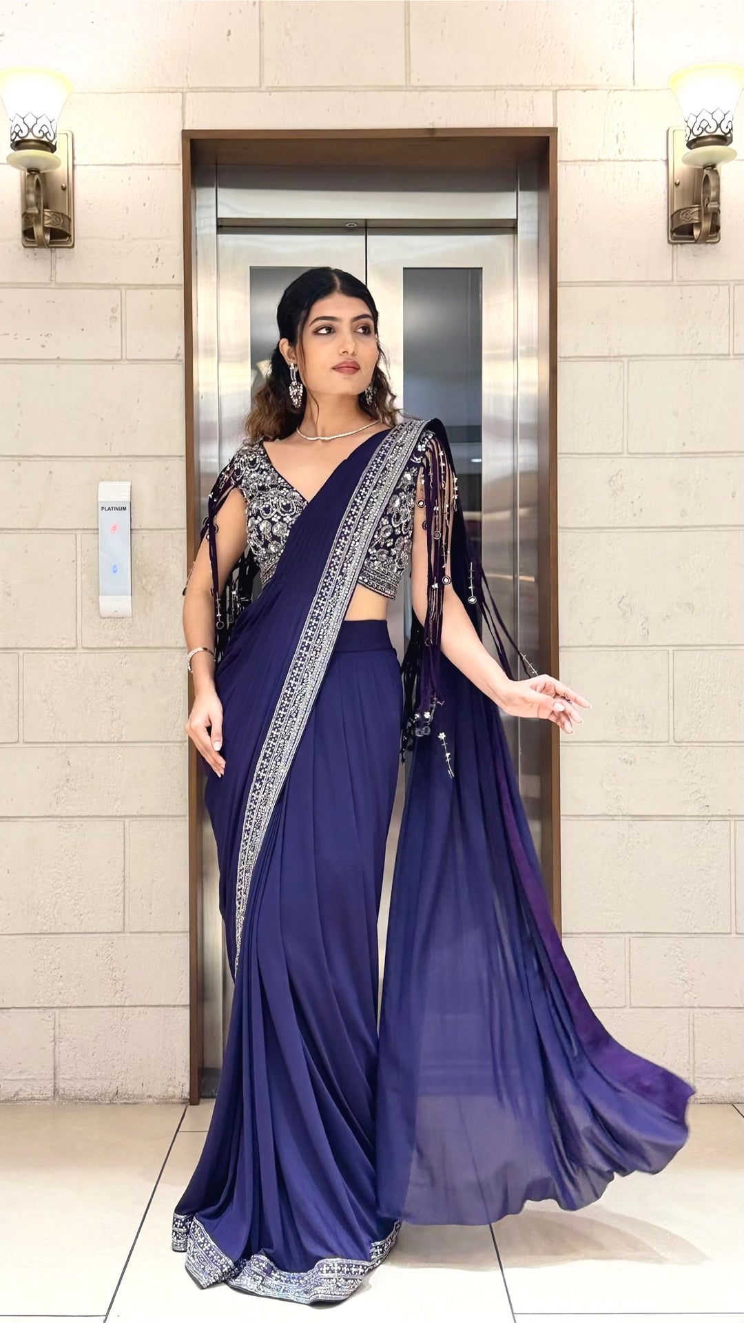 Royal Navy Blue Designer Saree with Sequins Embroidered Blouse & Crystal Border