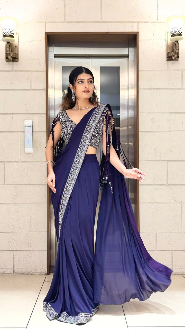 Royal Navy Blue Designer Saree with Sequins Embroidered Blouse & Crystal Border