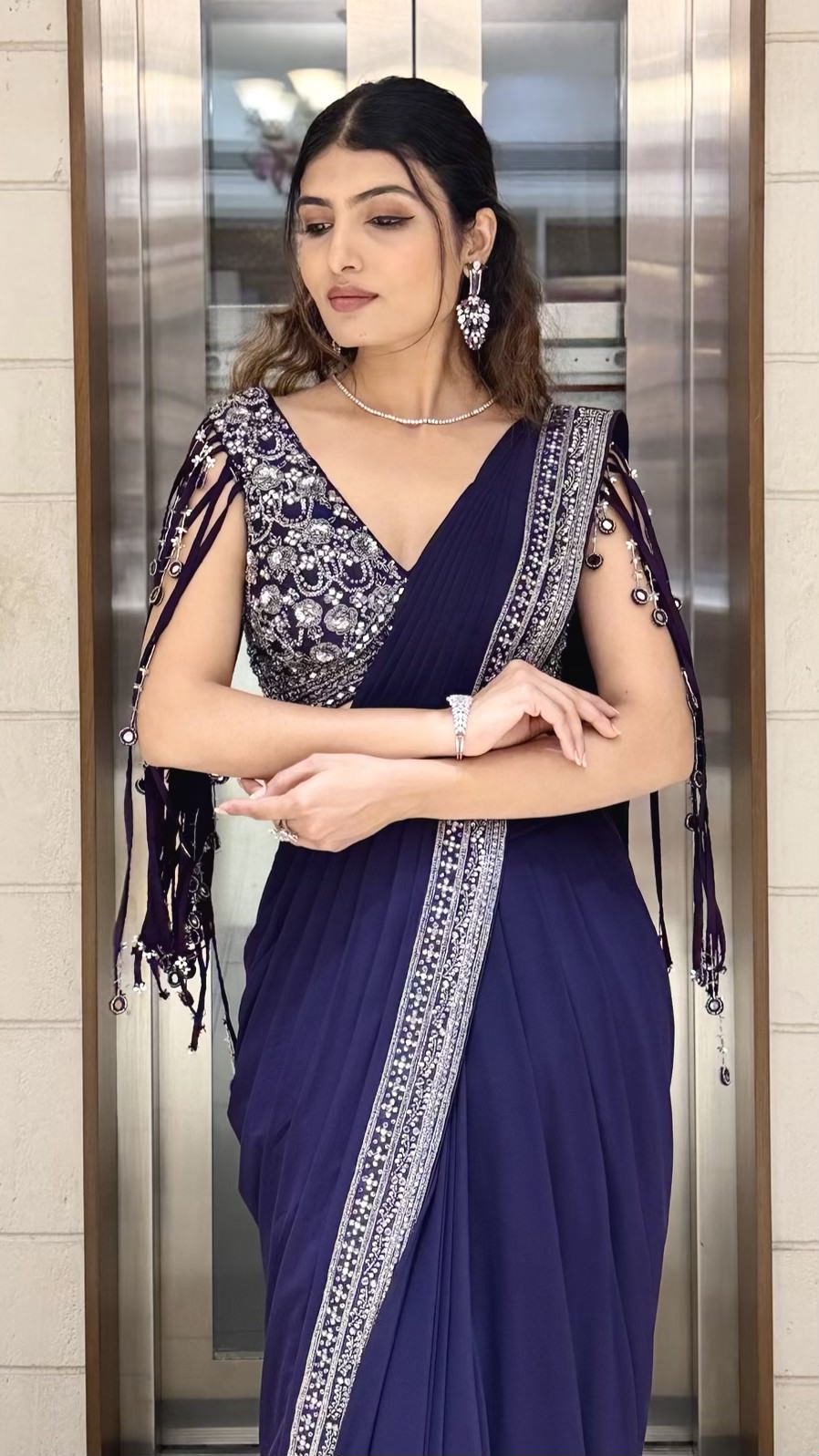 Royal Navy Blue Designer Saree with Sequins Embroidered Blouse & Crystal Border