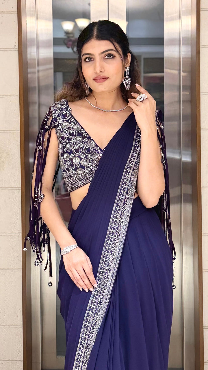 Royal Navy Blue Designer Saree with Sequins Embroidered Blouse & Crystal Border