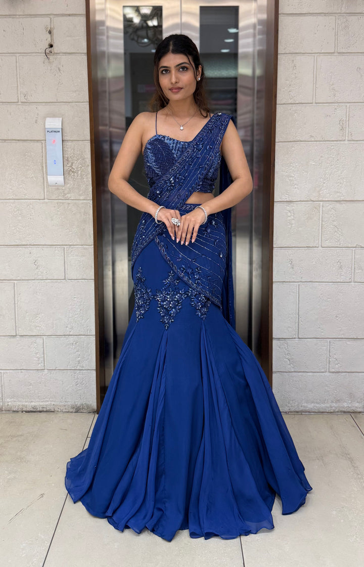 Royal Blue Designer Embellished Saree Gown