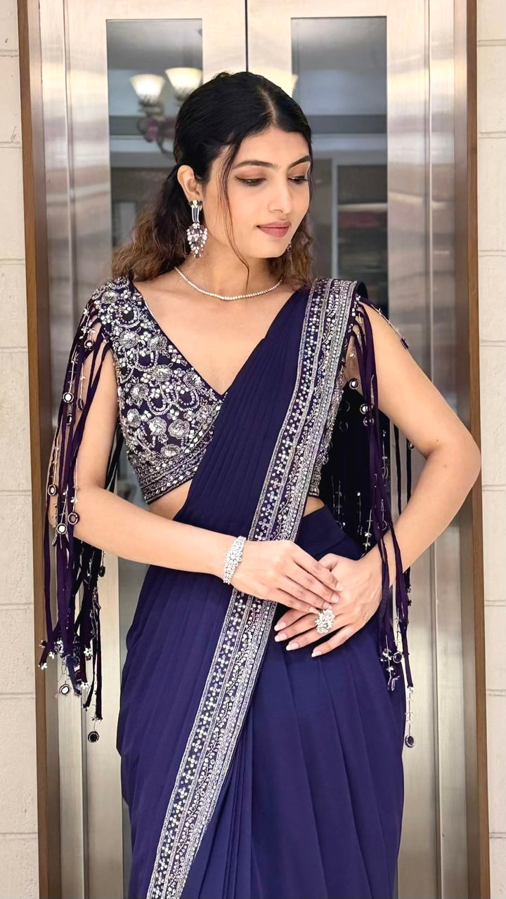 Royal Navy Blue Designer Saree with Sequins Embroidered Blouse & Crystal Border