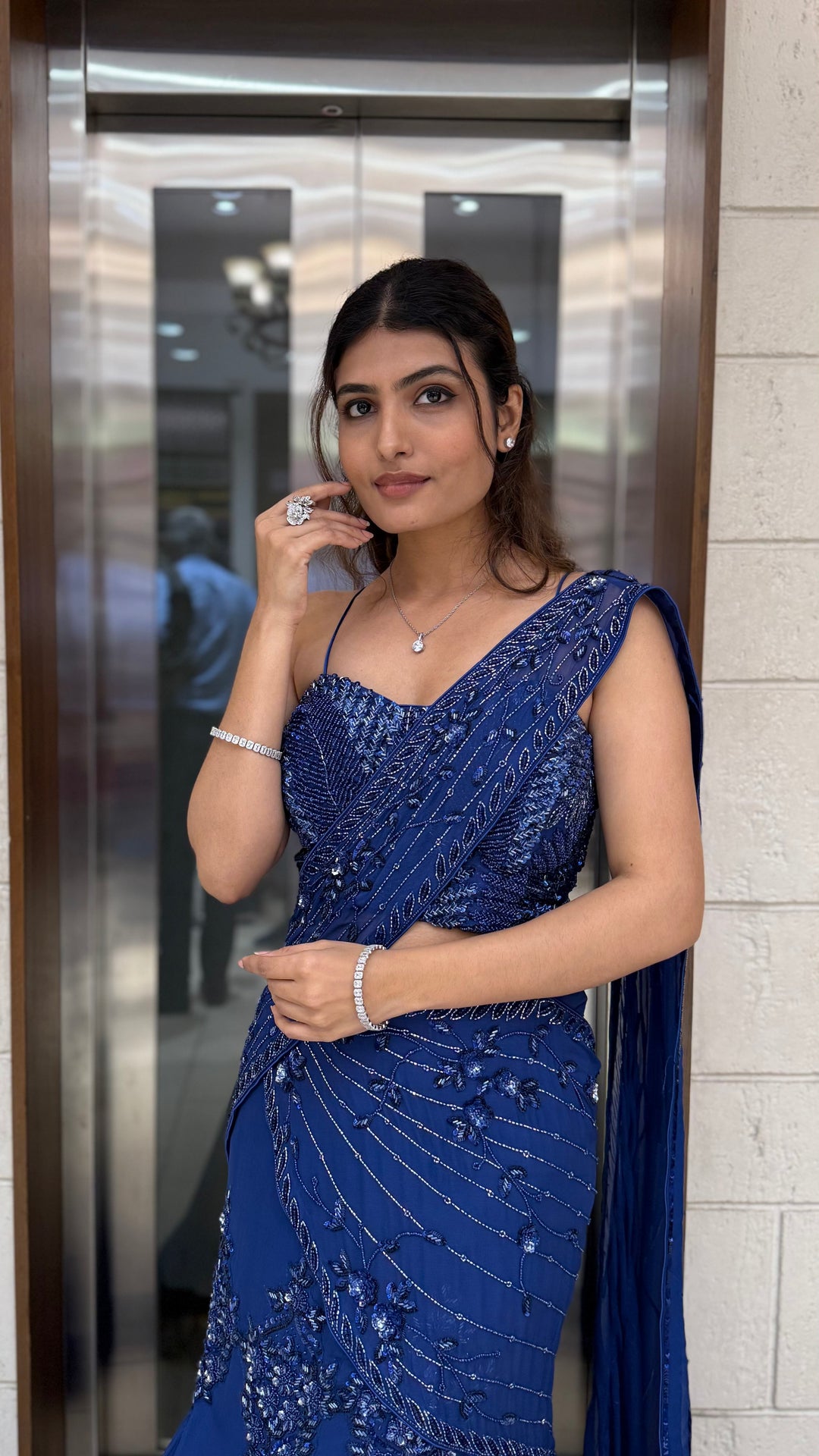 Royal Blue Designer Embellished Saree Gown