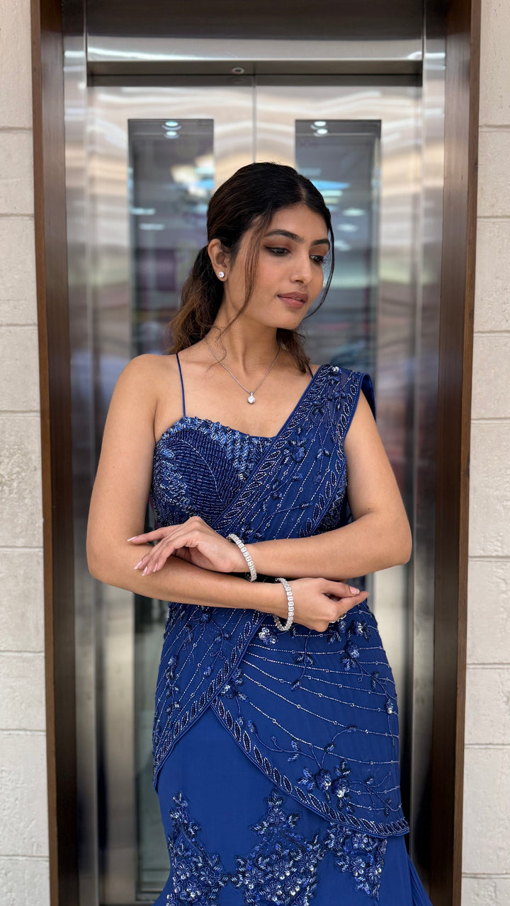 Royal Blue Designer Embellished Saree Gown