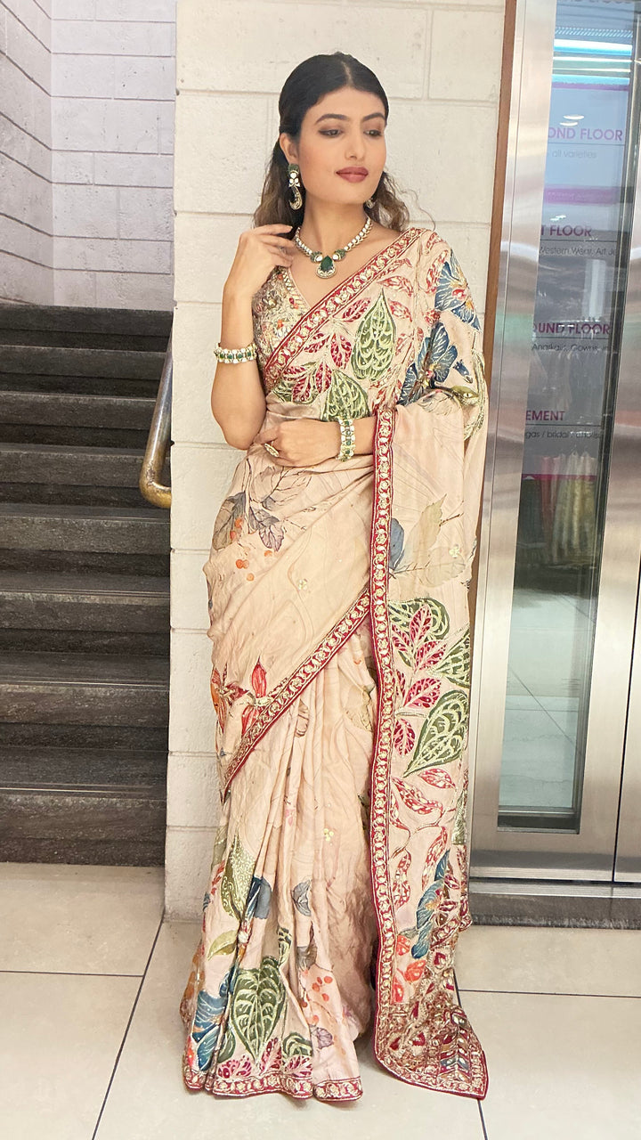 Beige Multicolour Leaf Print Designer Saree with Embroidered Border