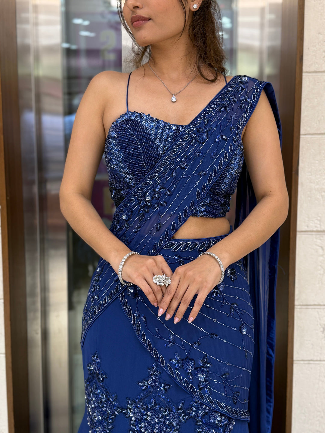Royal Blue Designer Embellished Saree Gown