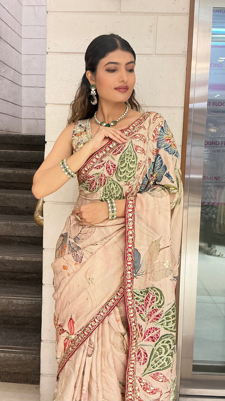 Beige Multicolour Leaf Print Designer Saree with Embroidered Border