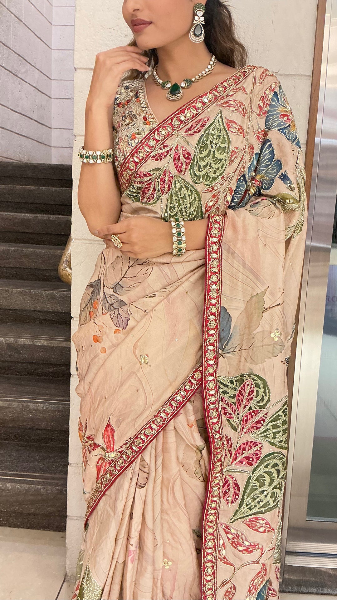 Beige Multicolour Leaf Print Designer Saree with Embroidered Border