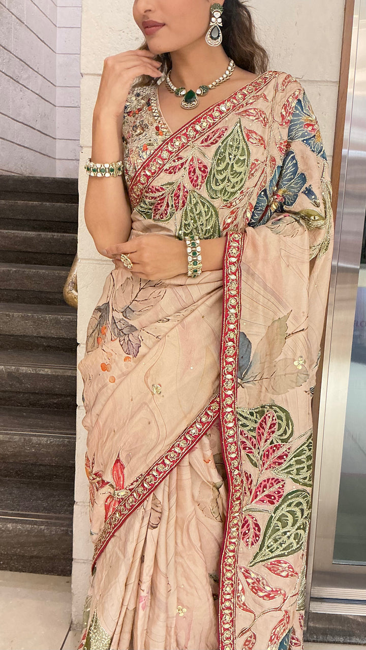 Beige Multicolour Leaf Print Designer Saree with Embroidered Border