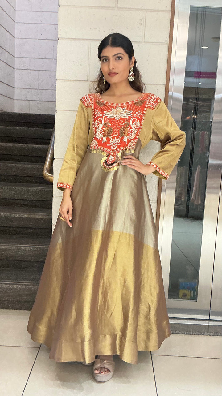 Gold & Olive Silk Blend Anarkali Gown with Traditional Embroidered Yoke