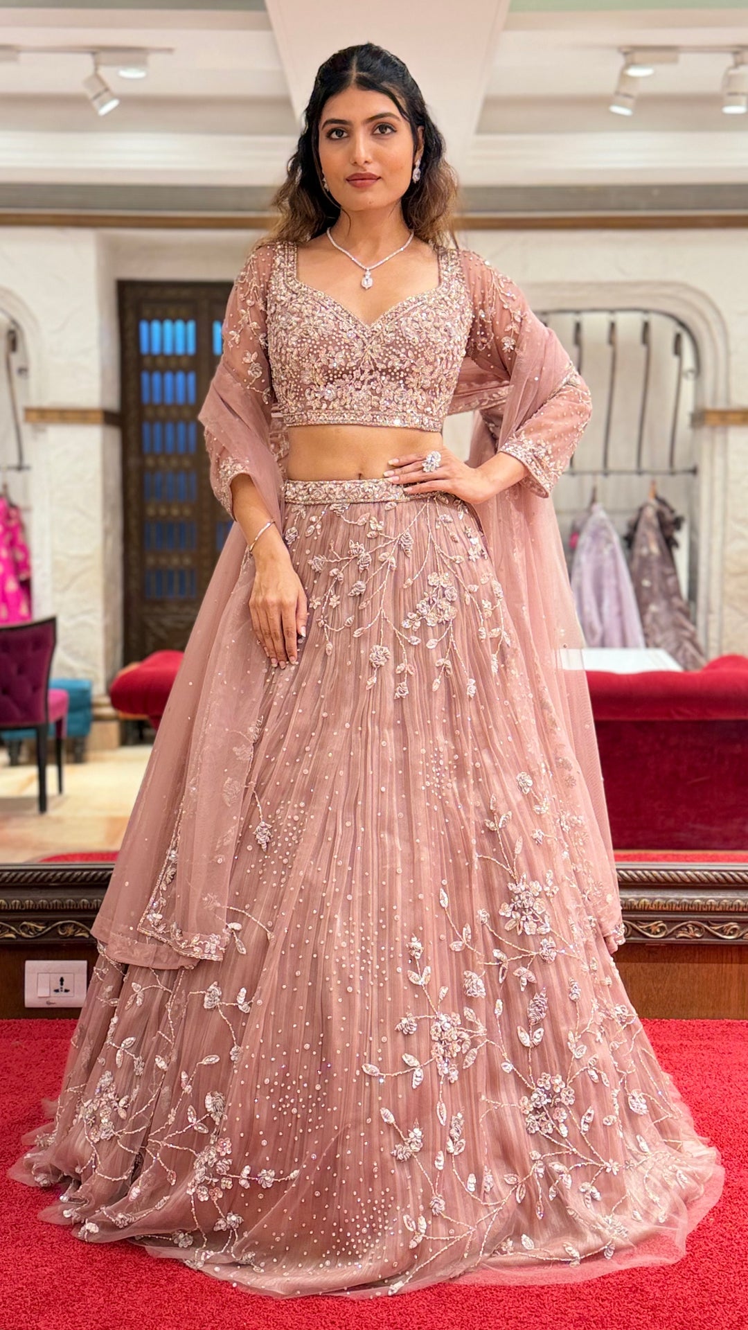 Dusty Rose Embroidered Net Lehenga Set with Sequins & Floral Threadwork