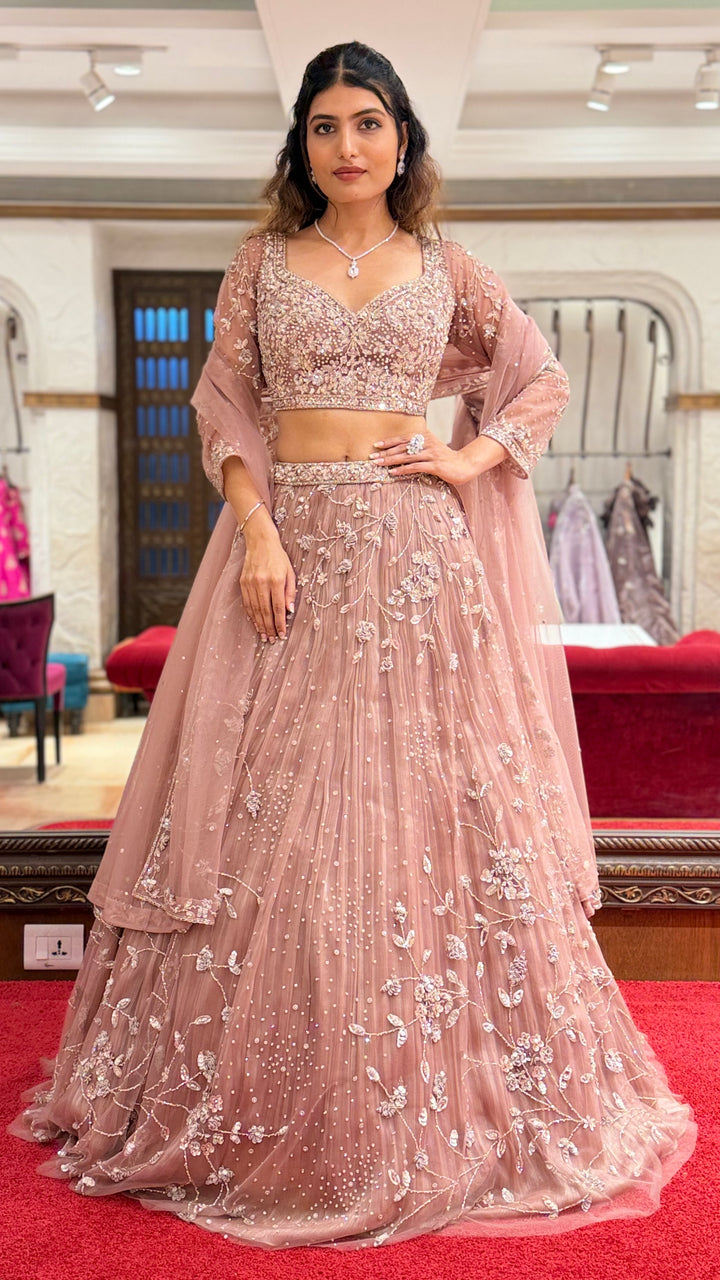 Dusty Rose Embroidered Net Lehenga Set with Sequins & Floral Threadwork