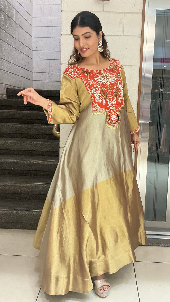 Gold & Olive Silk Blend Anarkali Gown with Traditional Embroidered Yoke