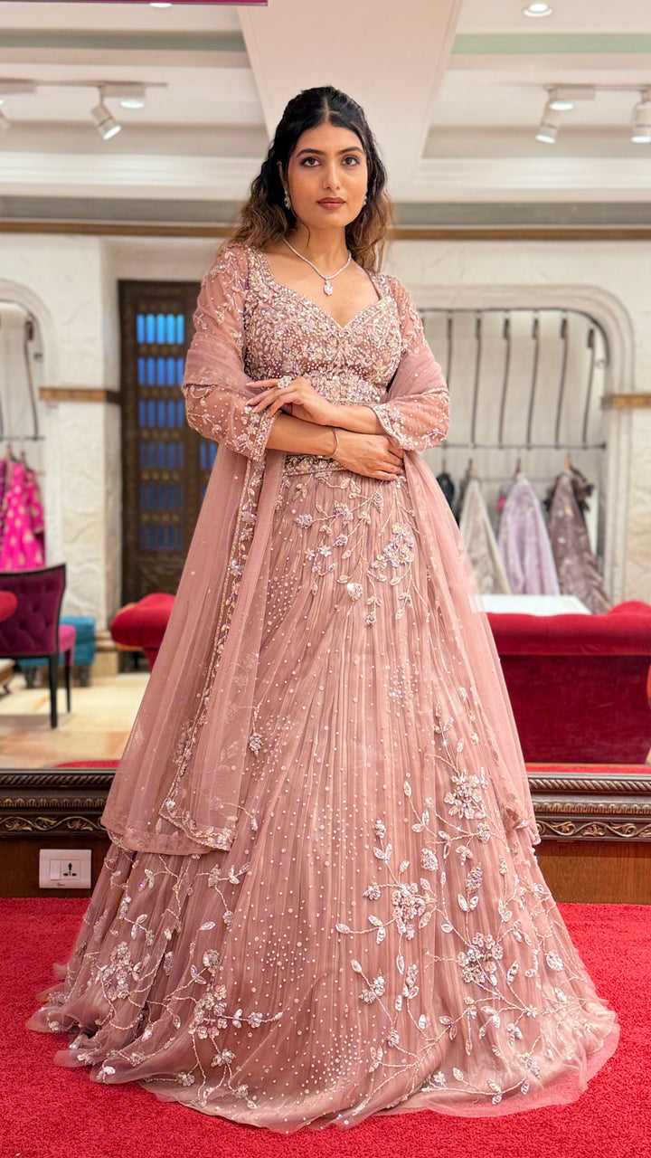 Dusty Rose Embroidered Net Lehenga Set with Sequins & Floral Threadwork