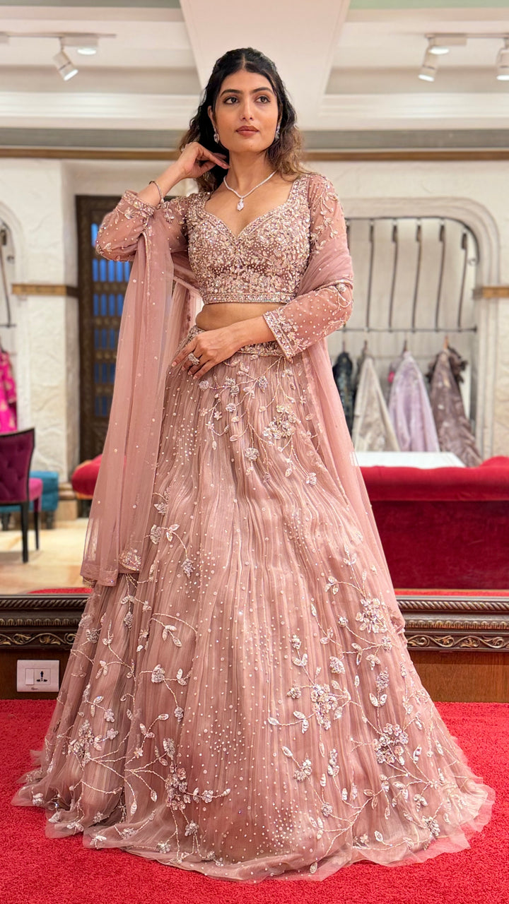 Dusty Rose Embroidered Net Lehenga Set with Sequins & Floral Threadwork