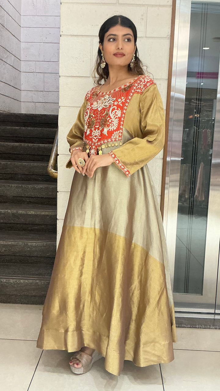 Gold & Olive Silk Blend Anarkali Gown with Traditional Embroidered Yoke