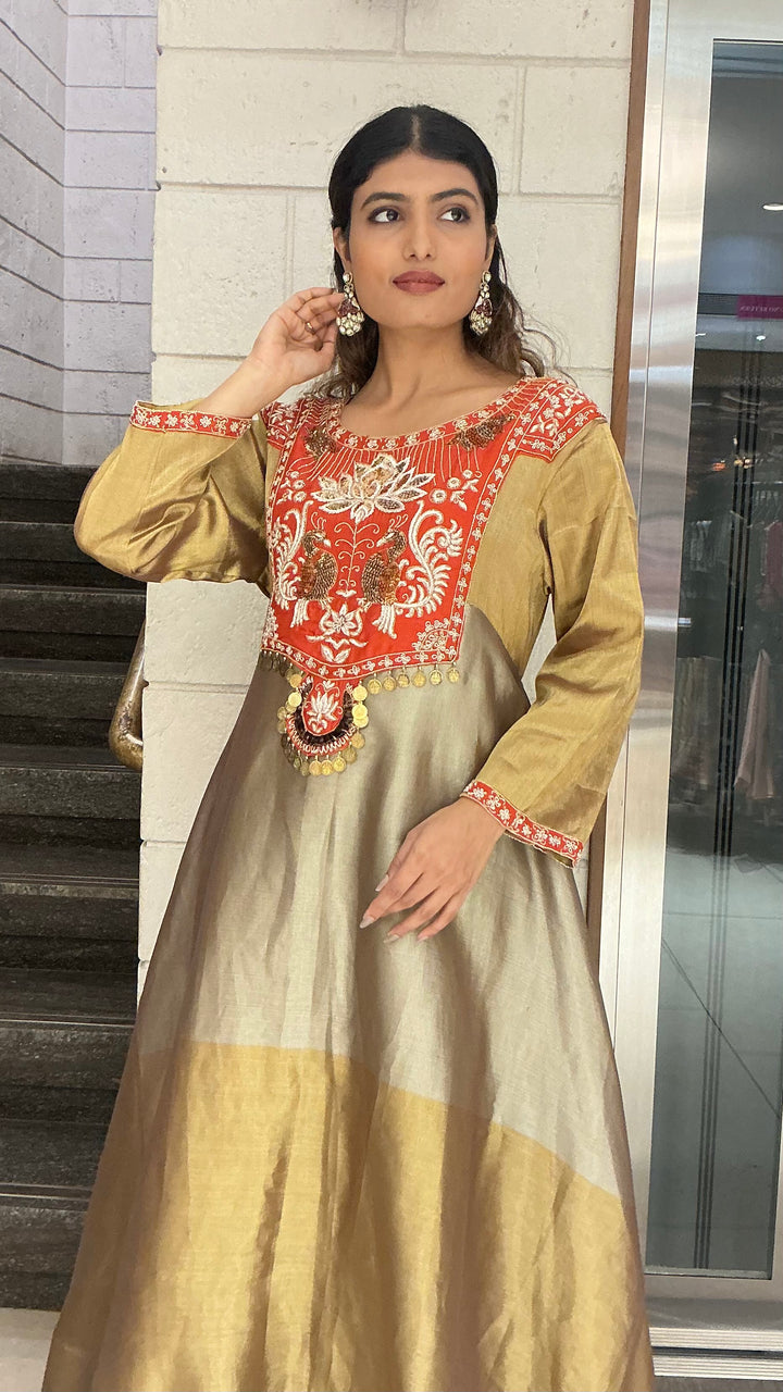 Gold & Olive Silk Blend Anarkali Gown with Traditional Embroidered Yoke