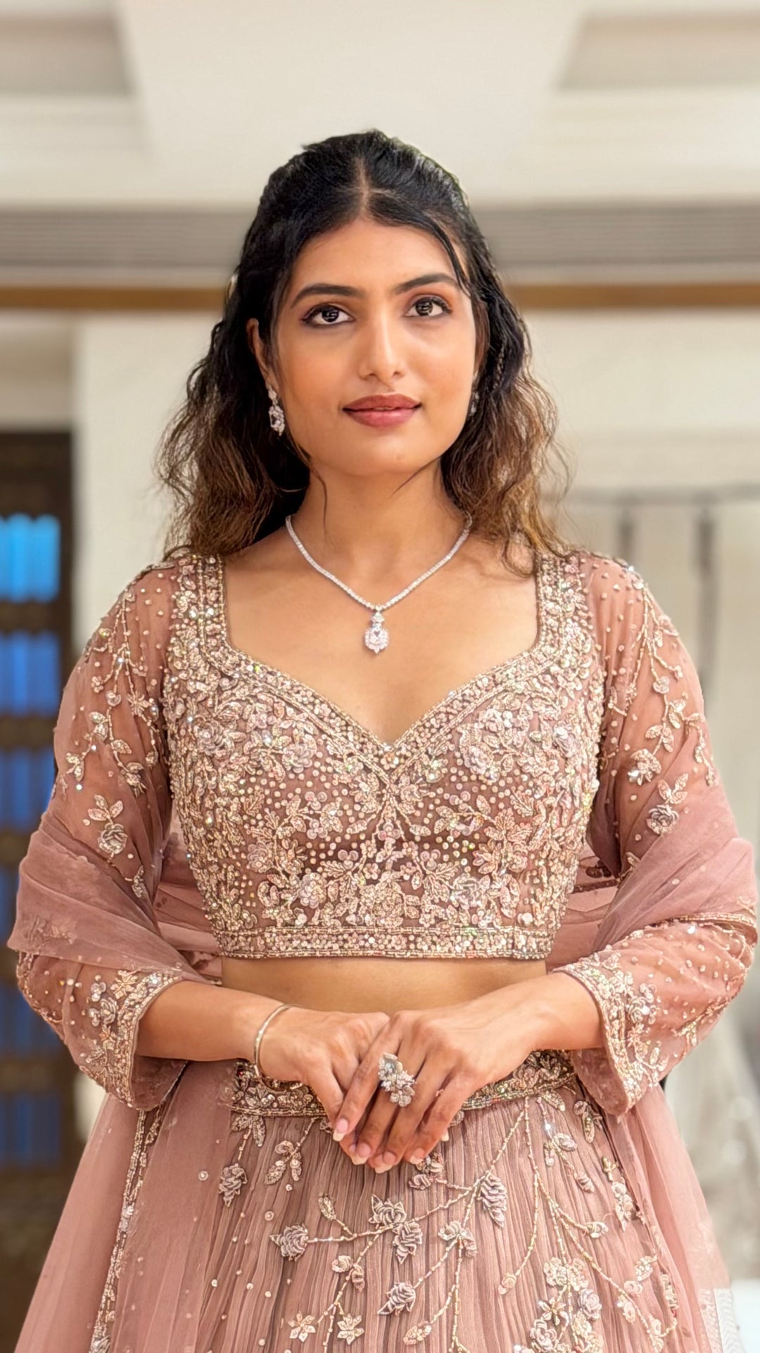 Dusty Rose Embroidered Net Lehenga Set with Sequins & Floral Threadwork