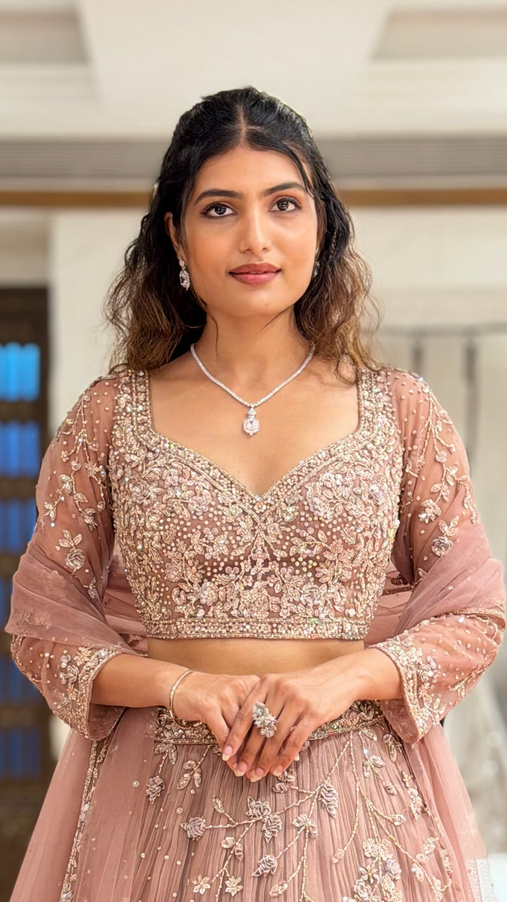 Dusty Rose Embroidered Net Lehenga Set with Sequins & Floral Threadwork