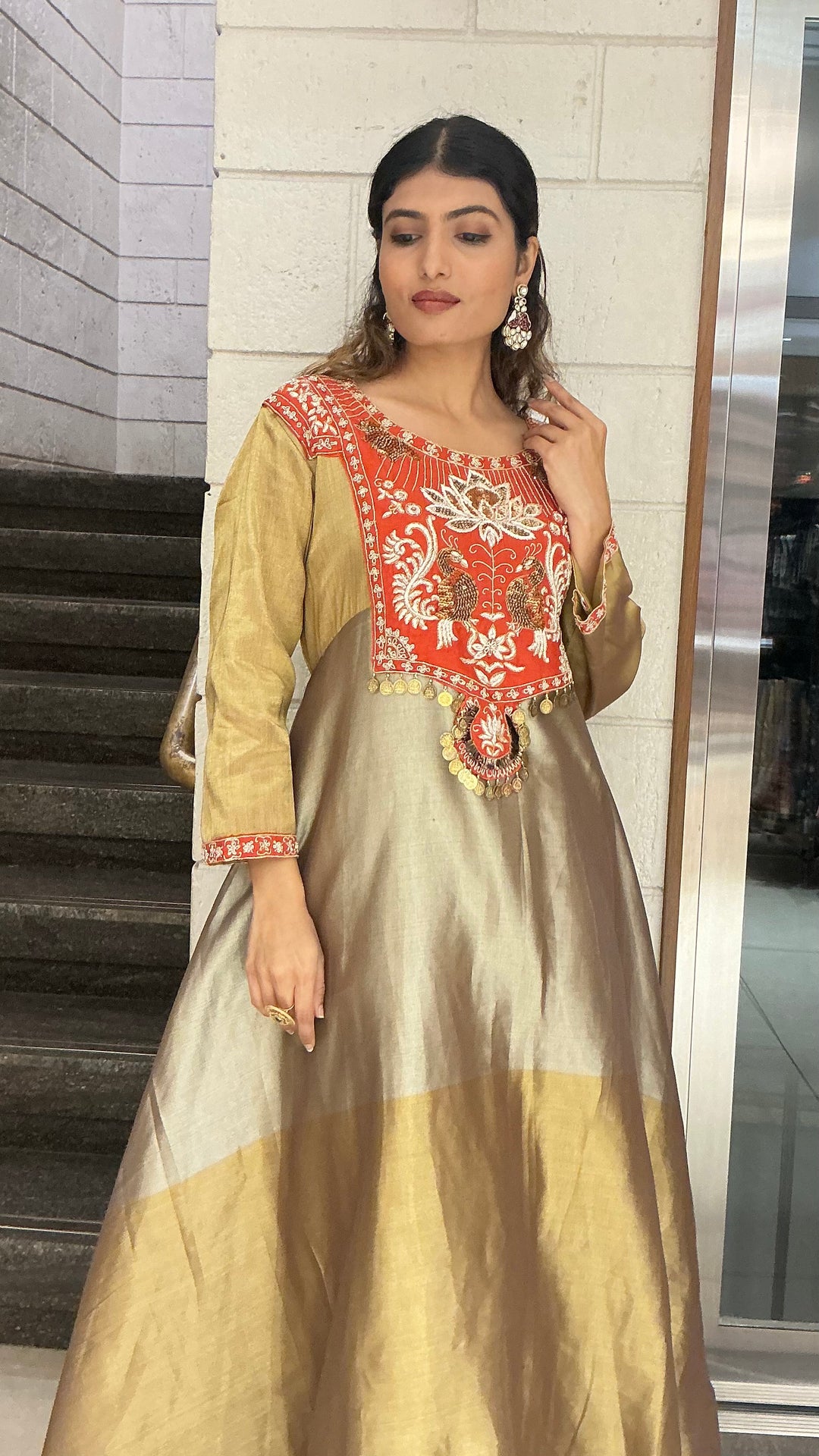 Gold & Olive Silk Blend Anarkali Gown with Traditional Embroidered Yoke