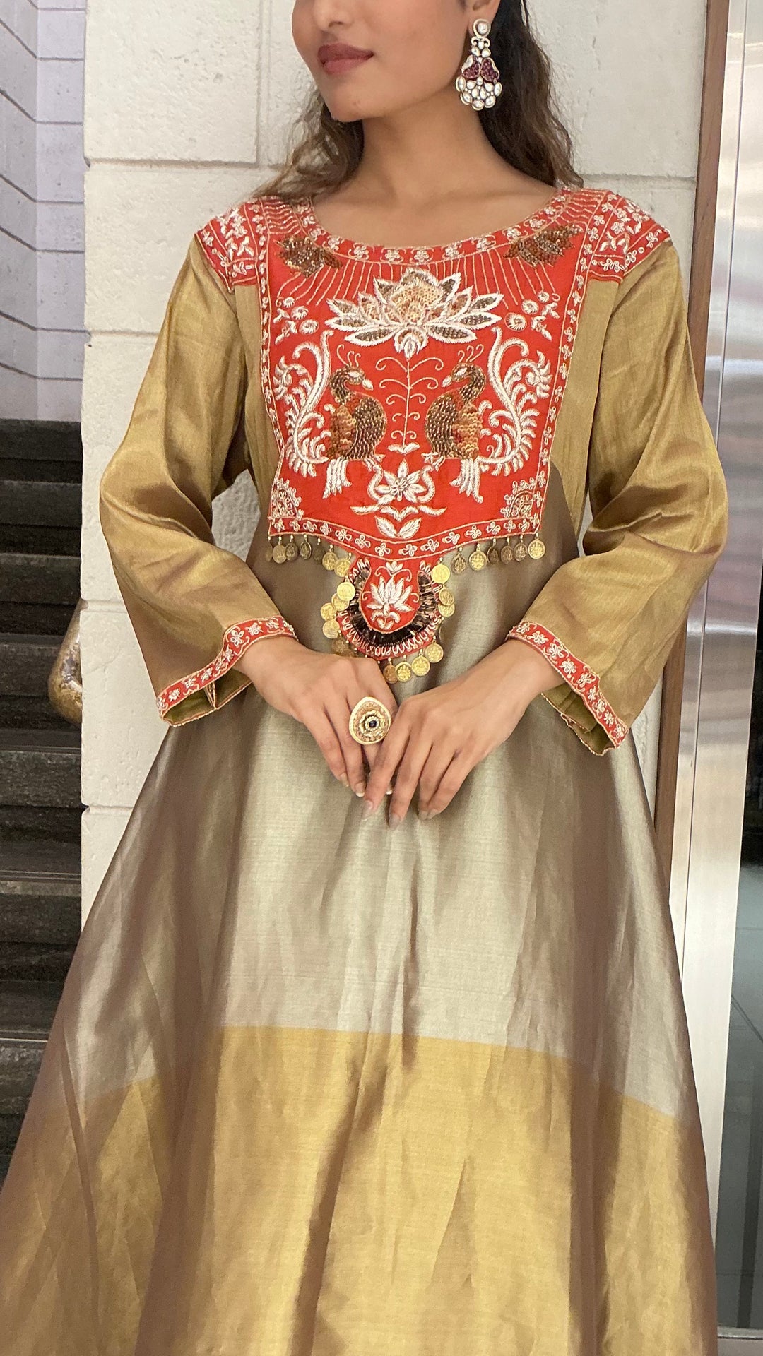 Gold & Olive Silk Blend Anarkali Gown with Traditional Embroidered Yoke