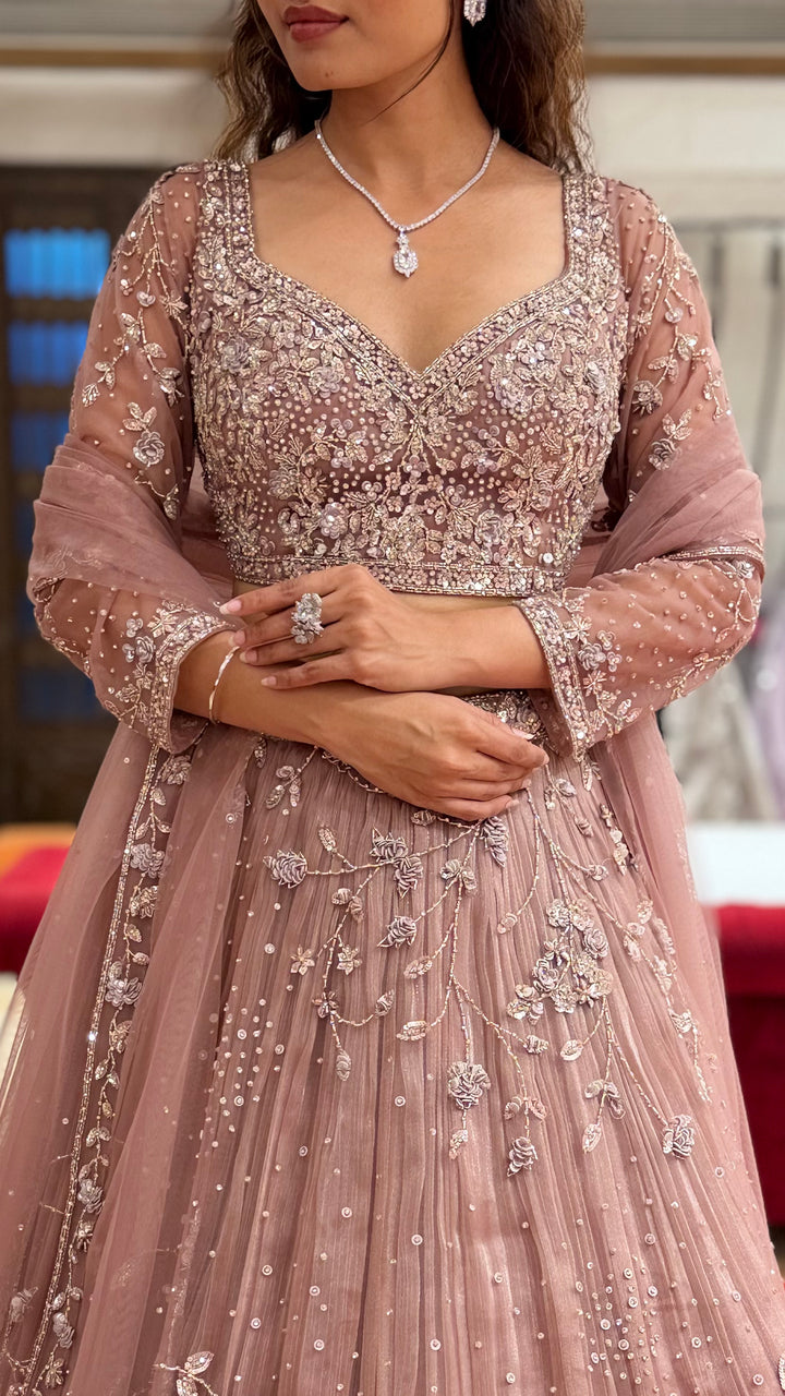 Dusty Rose Embroidered Net Lehenga Set with Sequins & Floral Threadwork